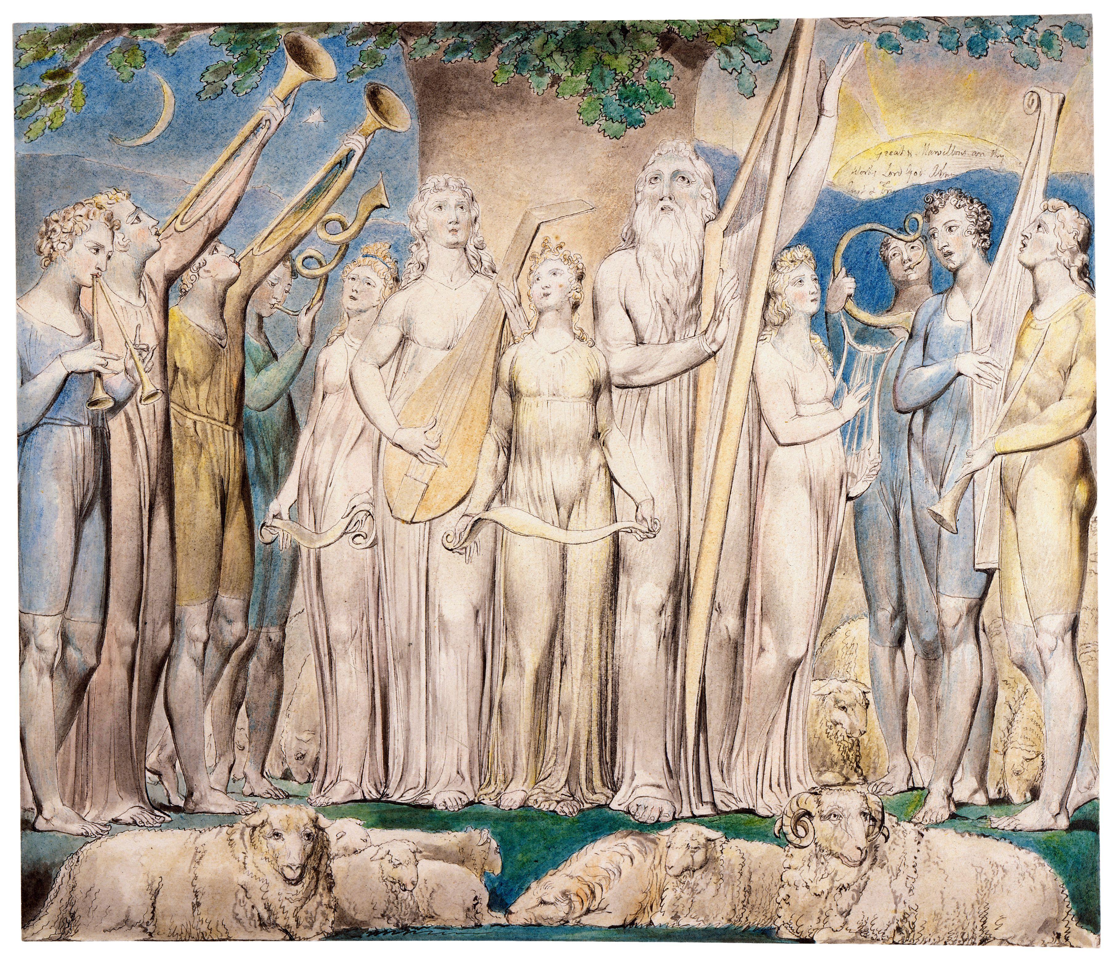 上图:英国诗人、画家威廉·布莱克(William Blake,1757-1827年)的版画《约伯和他的家庭被恢复 Job and His Family Restored to Prosperity》,描绘「这样,耶和华后来赐福给约伯比先前更多」(伯四十二12)。